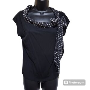 Kate Hill Petite Black Short Sleeve Top with 100% Silk Dot Scarf Collar Size PM